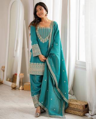 Women's Gorgeous Embroidery Fendy Silk Fabric Straight Kurta Pant and Dupatta Set 3