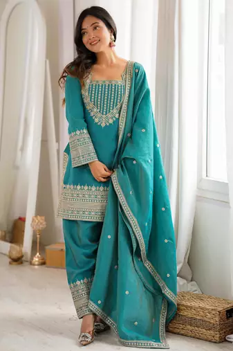Women's Gorgeous Embroidery Fendy Silk Fabric Straight Kurta Pant and Dupatta Set