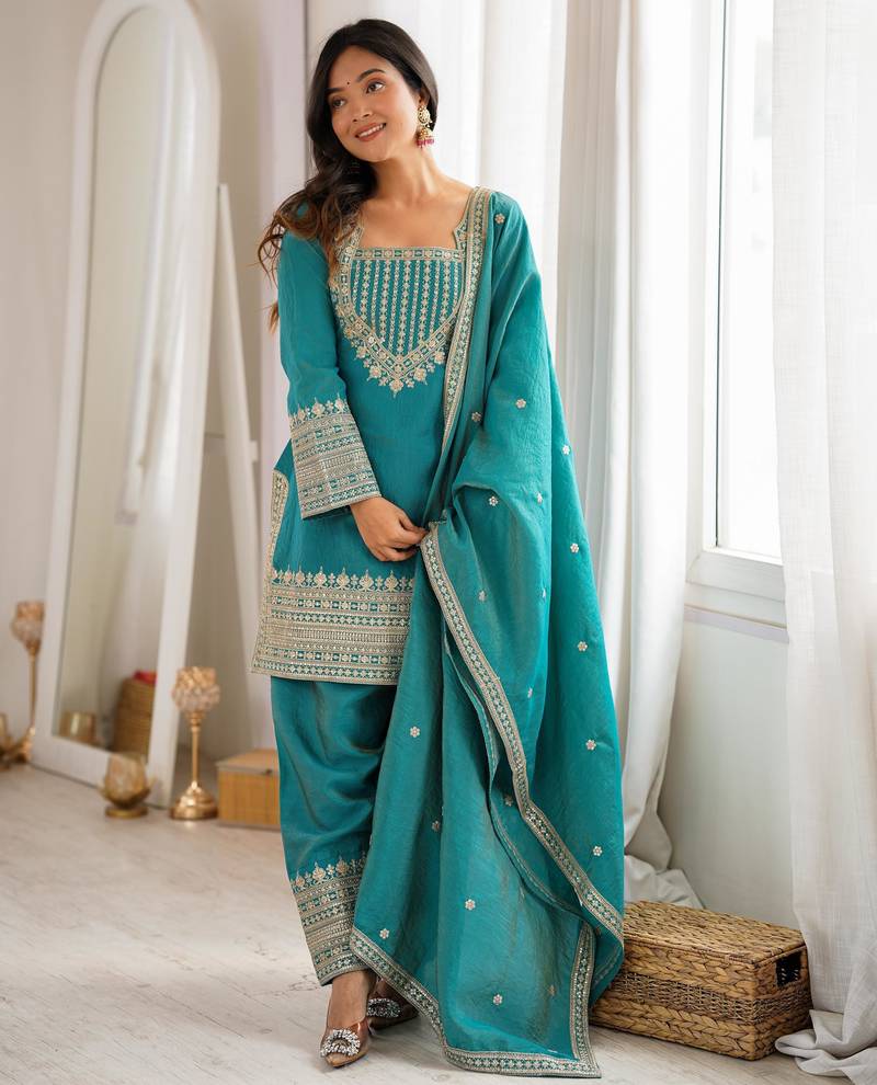Women's Gorgeous Embroidery Fendy Silk Fabric Straight Kurta Pant and Dupatta Set