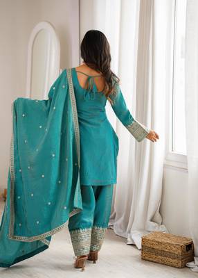 Women's Gorgeous Embroidery Fendy Silk Fabric Straight Kurta Pant and Dupatta Set 4