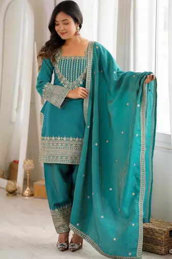 Women's Gorgeous Embroidery Fendy Silk Fabric Straight Kurta Pant and Dupatta Set