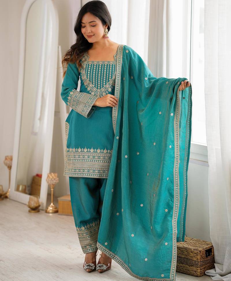 Women's Gorgeous Embroidery Fendy Silk Fabric Straight Kurta Pant and Dupatta Set