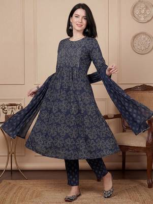 Women Ethnic Motifs Printed Regular Beads and Stones Pure Cotton Kurta with Trousers & With Dupatta 1