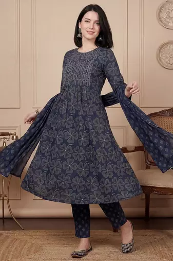 Women Ethnic Motifs Printed Regular Beads and Stones Pure Cotton Kurta with Trousers & With Dupatta