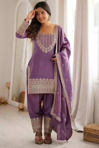Women's Gorgeous Embroidery Fendy Silk Fabric Straight Kurta Pant and Dupatta Set