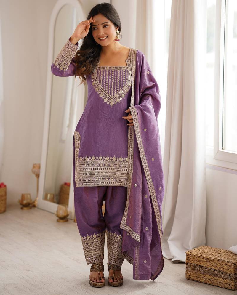 Women's Gorgeous Embroidery Fendy Silk Fabric Straight Kurta Pant and Dupatta Set