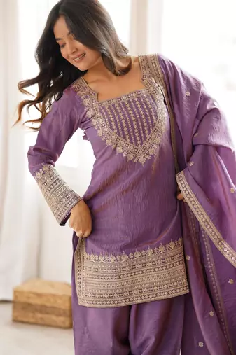 Women's Gorgeous Embroidery Fendy Silk Fabric Straight Kurta Pant and Dupatta Set