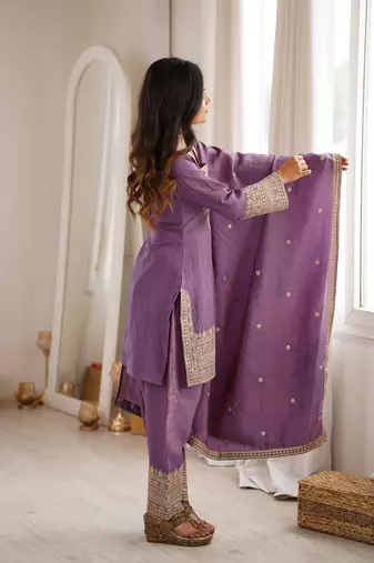 Women's Gorgeous Embroidery Fendy Silk Fabric Straight Kurta Pant and Dupatta Set