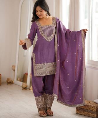 Women's Gorgeous Embroidery Fendy Silk Fabric Straight Kurta Pant and Dupatta Set 5