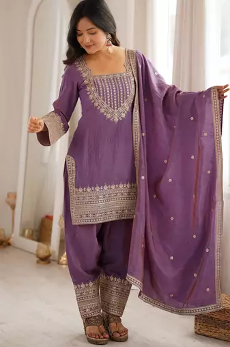 Women's Gorgeous Embroidery Fendy Silk Fabric Straight Kurta Pant and Dupatta Set