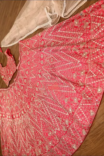 pink silk lehenga choli with cording embroidery and dupatta