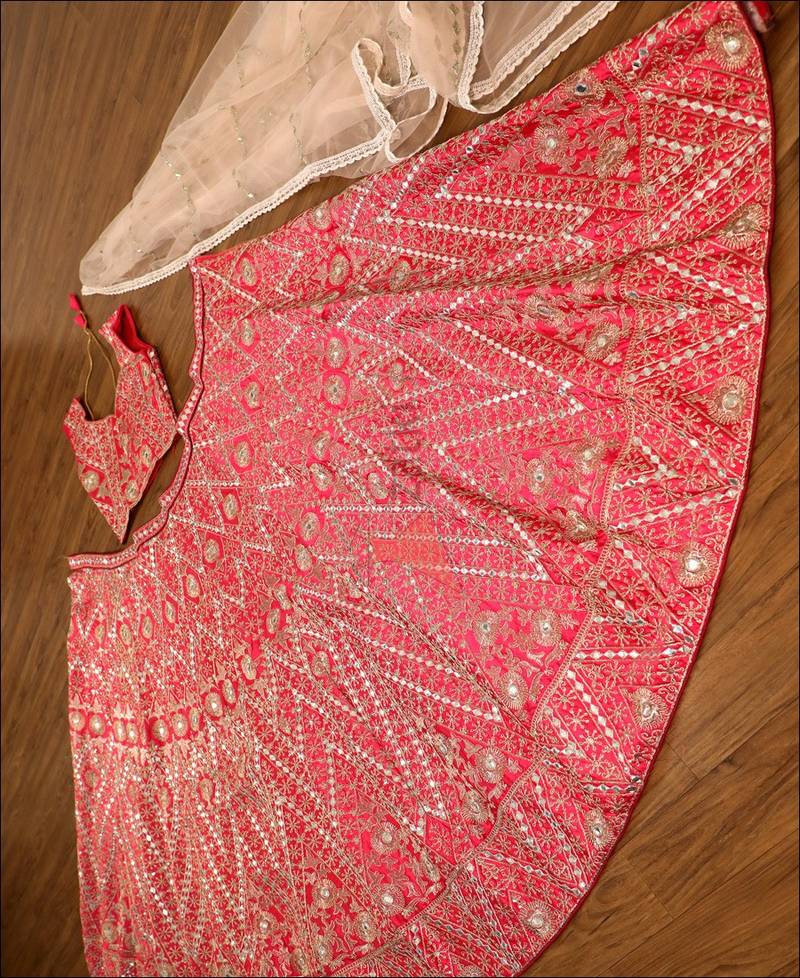 pink silk lehenga choli with cording embroidery and dupatta