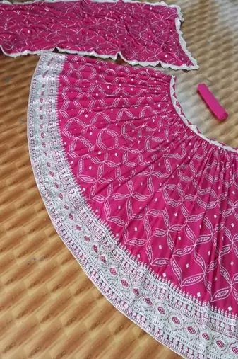 pink georgette lehenga choli with cording embroidery and dupatta