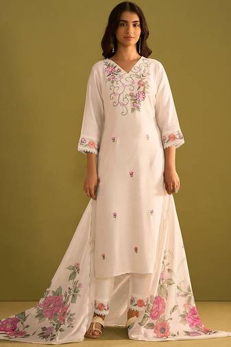 Women Floral Embroidered Regular Thread Work Kurta with Trousers & With Dupatta