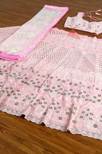 babypink georgette wedding lehenga choli with embroidered dupatta