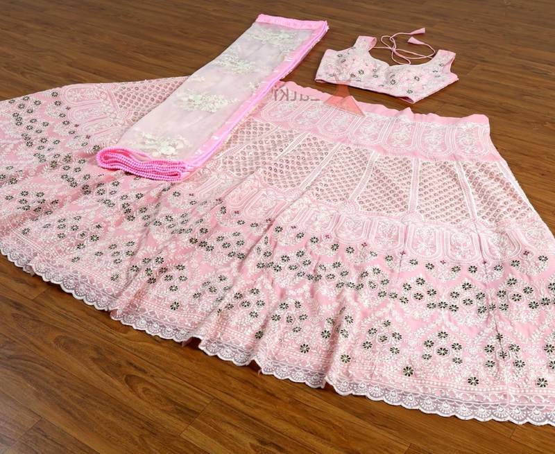 babypink georgette wedding lehenga choli with embroidered dupatta