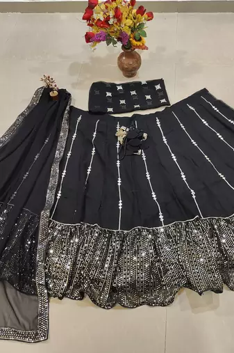 black georgette lehenga choli with embroidered bollywood designer look