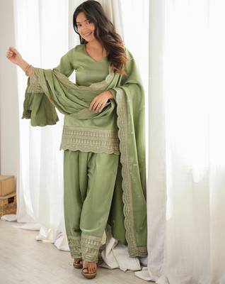 Women's Gorgeous Embroidery Roman Silk Fabric Straight Kurta Shalwar and Dupatta Set 1