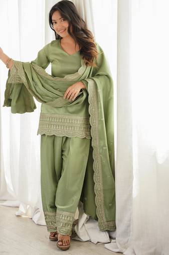 Women's Gorgeous Embroidery Roman Silk Fabric Straight Kurta Shalwar and Dupatta Set