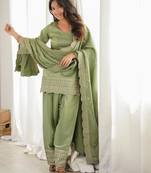 Women's Gorgeous Embroidery Roman Silk Fabric Straight Kurta Shalwar and Dupatta Set