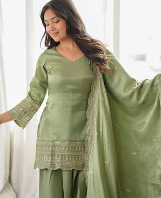 Women's Gorgeous Embroidery Roman Silk Fabric Straight Kurta Shalwar and Dupatta Set 2