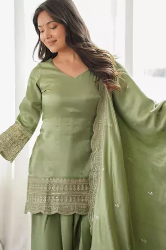 Women's Gorgeous Embroidery Roman Silk Fabric Straight Kurta Shalwar and Dupatta Set