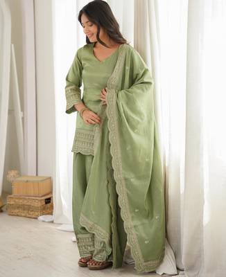 Women's Gorgeous Embroidery Roman Silk Fabric Straight Kurta Shalwar and Dupatta Set 3