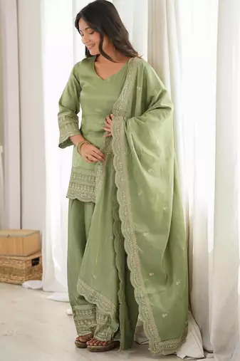 Women's Gorgeous Embroidery Roman Silk Fabric Straight Kurta Shalwar and Dupatta Set