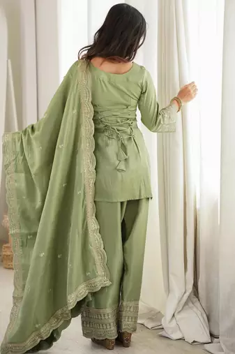 Women's Gorgeous Embroidery Roman Silk Fabric Straight Kurta Shalwar and Dupatta Set