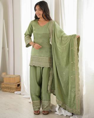 Women's Gorgeous Embroidery Roman Silk Fabric Straight Kurta Shalwar and Dupatta Set 5