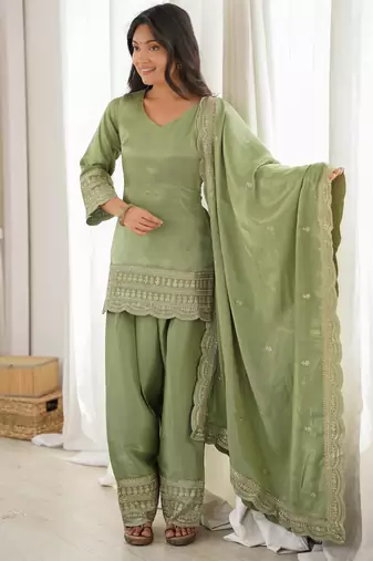 Women's Gorgeous Embroidery Roman Silk Fabric Straight Kurta Shalwar and Dupatta Set
