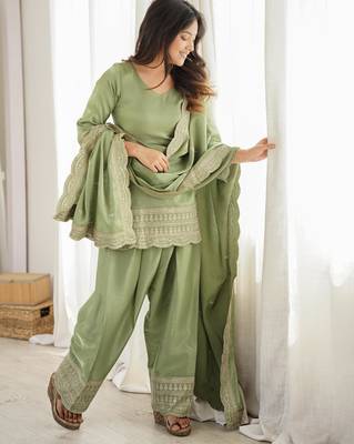 Women's Gorgeous Embroidery Roman Silk Fabric Straight Kurta Shalwar and Dupatta Set 6