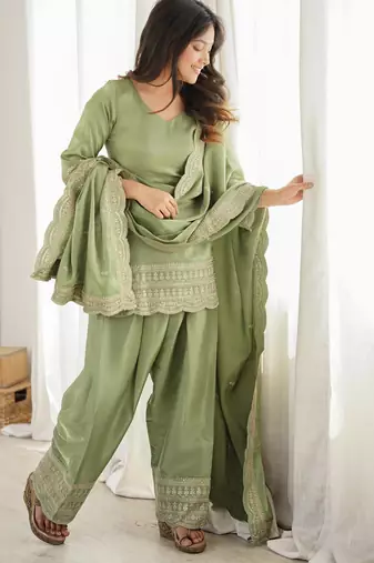 Women's Gorgeous Embroidery Roman Silk Fabric Straight Kurta Shalwar and Dupatta Set