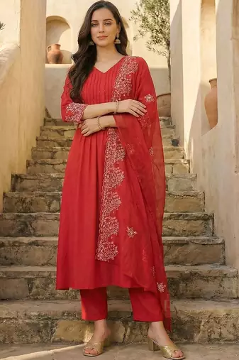 Women Ethnic Motifs Regular Thread Work Kurta with Trousers & With Dupatta
