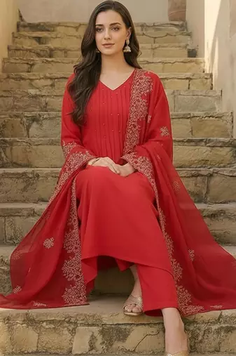 Women Ethnic Motifs Regular Thread Work Kurta with Trousers & With Dupatta