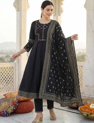 Women Ethnic Motifs Embroidered Panelled Thread Work Pure Cotton Kurta with Trousers & With Dupatta 1