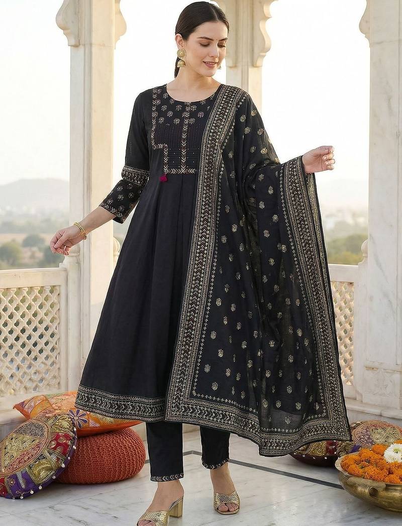 Women Ethnic Motifs Embroidered Panelled Thread Work Pure Cotton Kurta with Trousers & With Dupatta