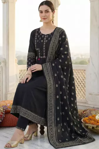 Women Ethnic Motifs Embroidered Panelled Thread Work Pure Cotton Kurta with Trousers & With Dupatta