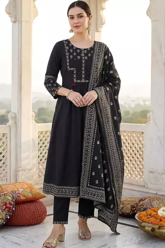 Women Ethnic Motifs Embroidered Panelled Thread Work Pure Cotton Kurta with Trousers & With Dupatta