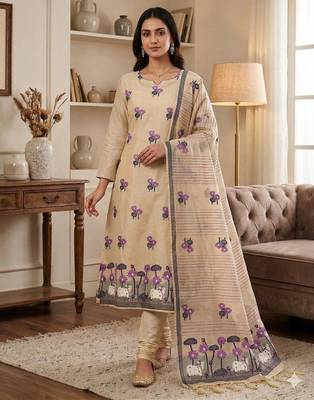Cream muga cotton jamdani pichwai dress material with dupatta 1