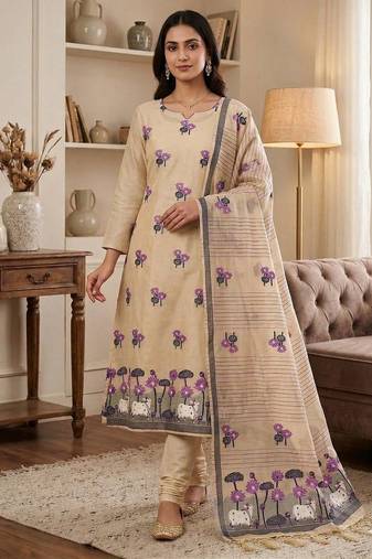 Cream muga cotton jamdani pichwai dress material with dupatta