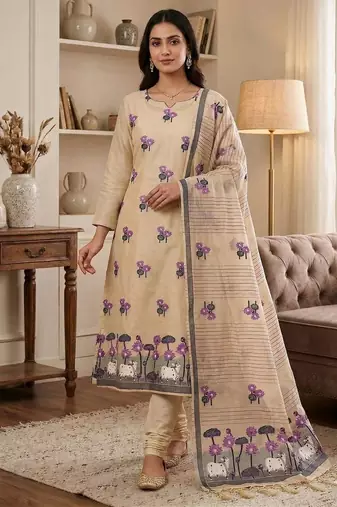 Cream muga cotton jamdani pichwai dress material with dupatta