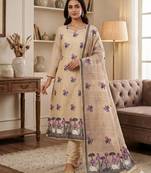Cream muga cotton jamdani pichwai dress material with dupatta