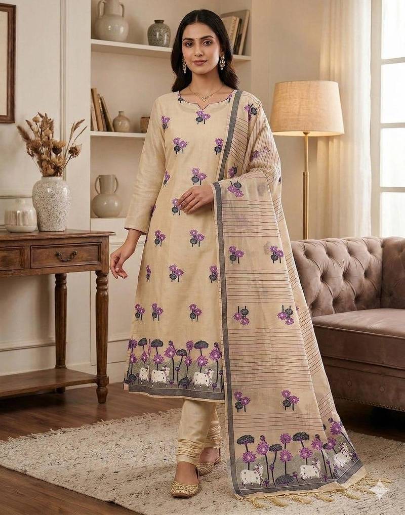 Cream muga cotton jamdani pichwai dress material with dupatta