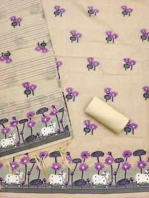 Cream muga cotton jamdani pichwai dress material with dupatta 2