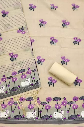 Cream muga cotton jamdani pichwai dress material with dupatta
