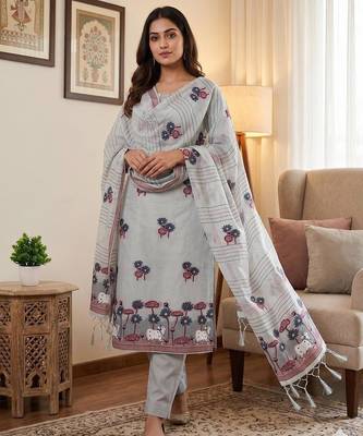 Grey muga cotton jamdani pichwai dress material with dupatta 1