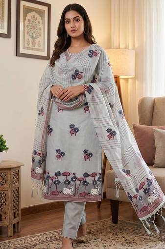 Grey muga cotton jamdani pichwai dress material with dupatta