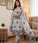 Grey muga cotton jamdani pichwai dress material with dupatta