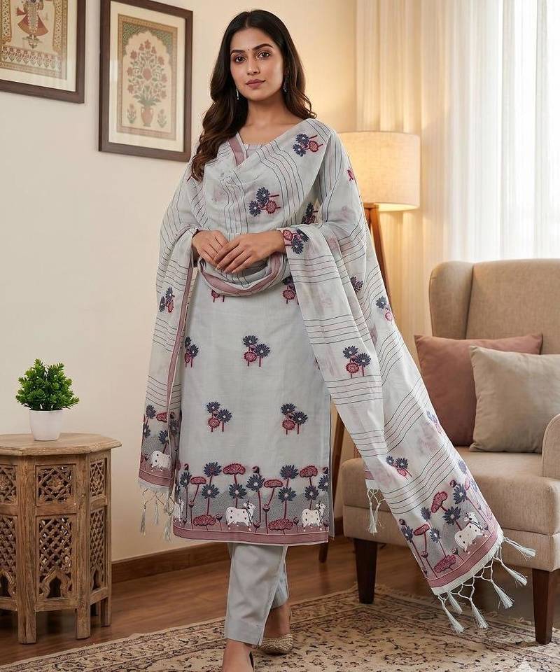 Grey muga cotton jamdani pichwai dress material with dupatta